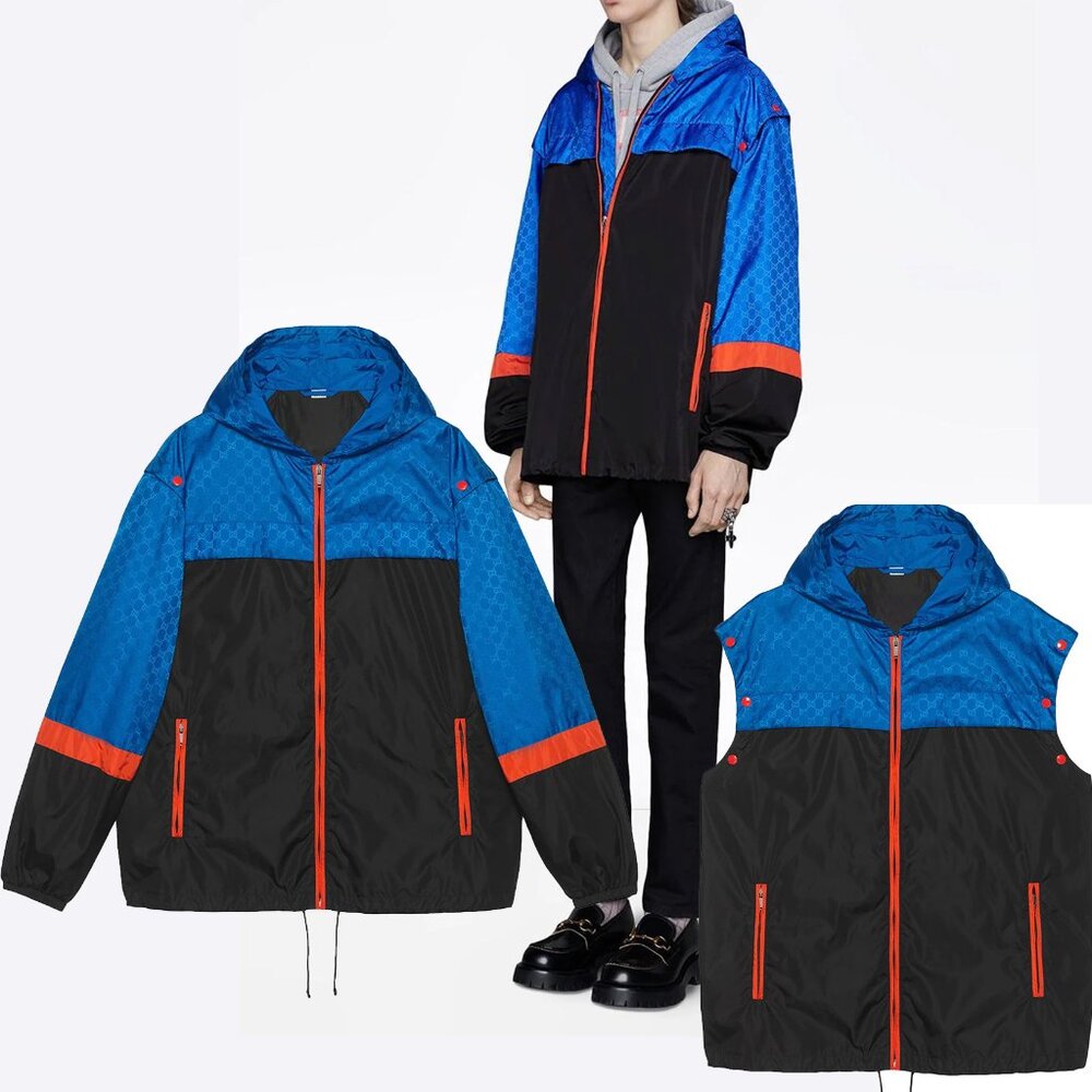 GUCCI JACKET MENS GG JACQUARD NYLON HOODED DETACHABLE SLEEVES VEST